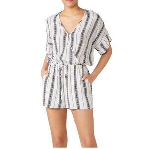 Fifteen Twenty Women's White Surplice Wrap V-Neck Striped Romper Size Large